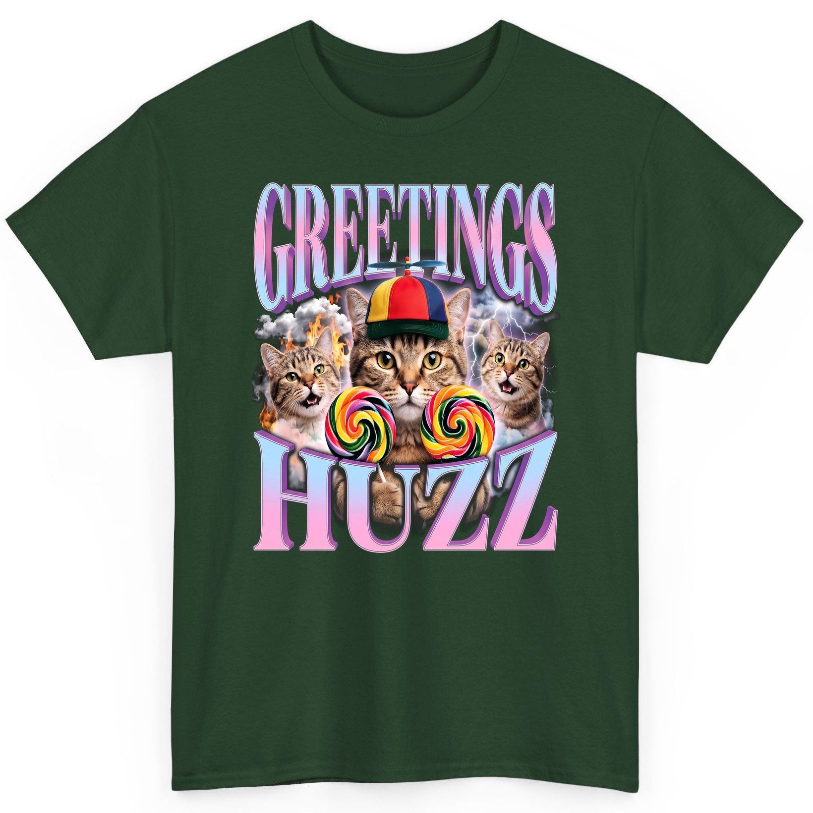Greetings Huzz Funny Cats T-Shirt - product mockup - Forest Green