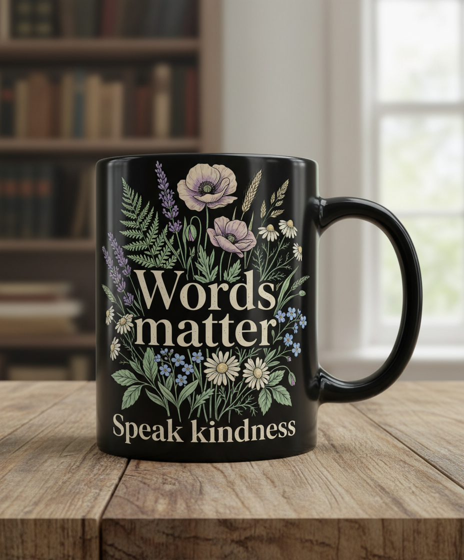 Words Matter Speak Kindness Botanical Floral Illustration Black Mug - Black