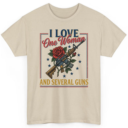 I LOVE One Woman AND Several GUNS Funny Pro-Gun T-Shirt - product mockup - Sand