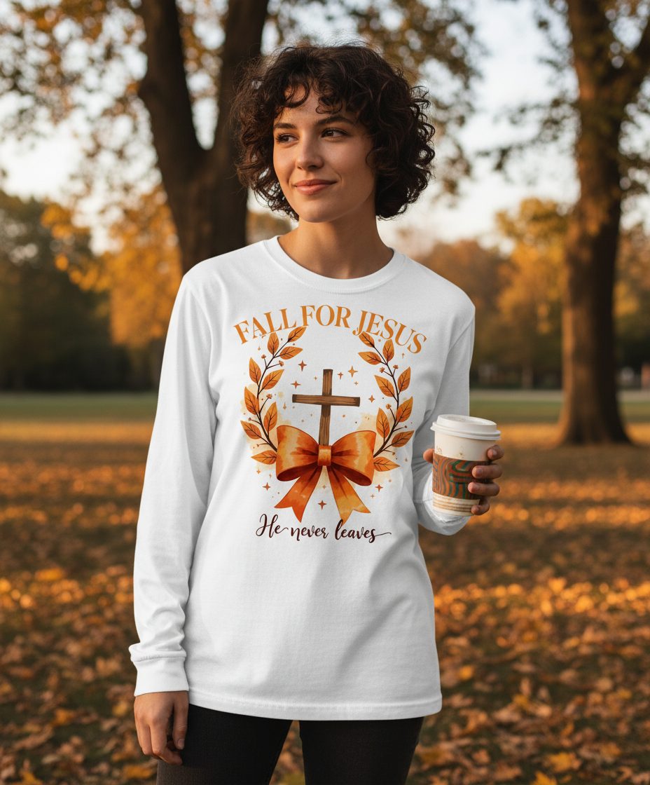 Fall for Jesus He Never Leaves christian faith Long Sleeve Tee White lifestyle mockup