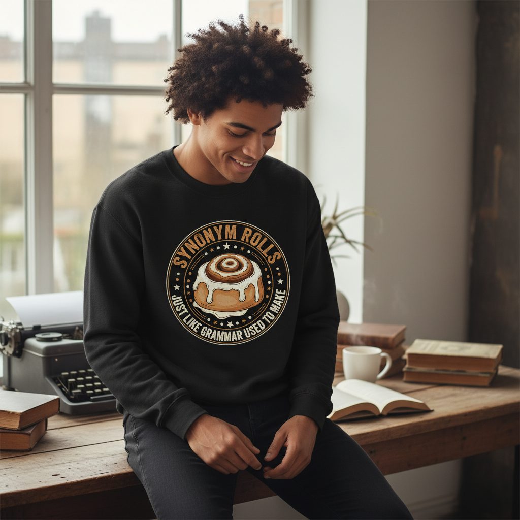 Synonym Rolls Just Like Grammar Used to Make grammar puns Sweatshirt Black lifestyle mockup