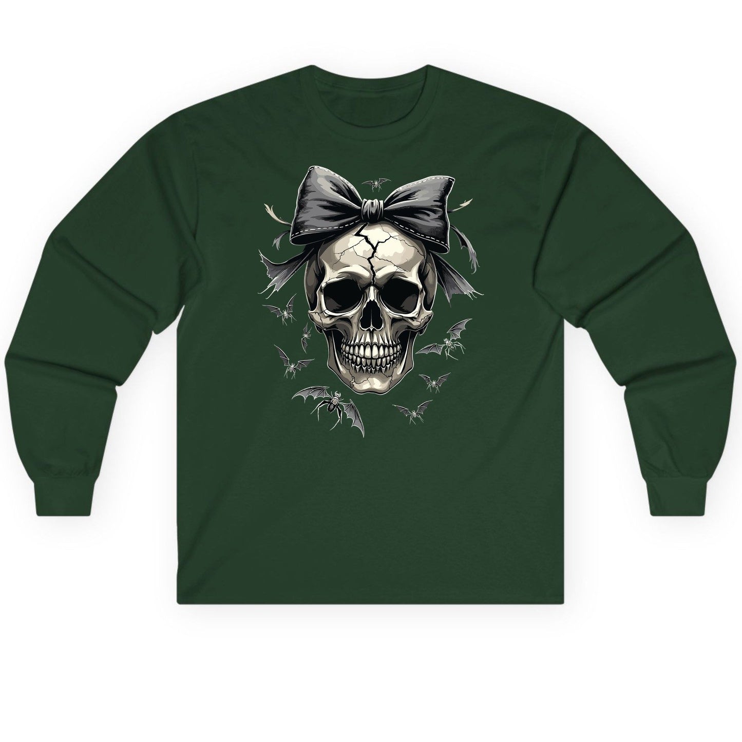 Gothic Skull with Bow gothic skull Long Sleeve Tee Forest Green product mockup