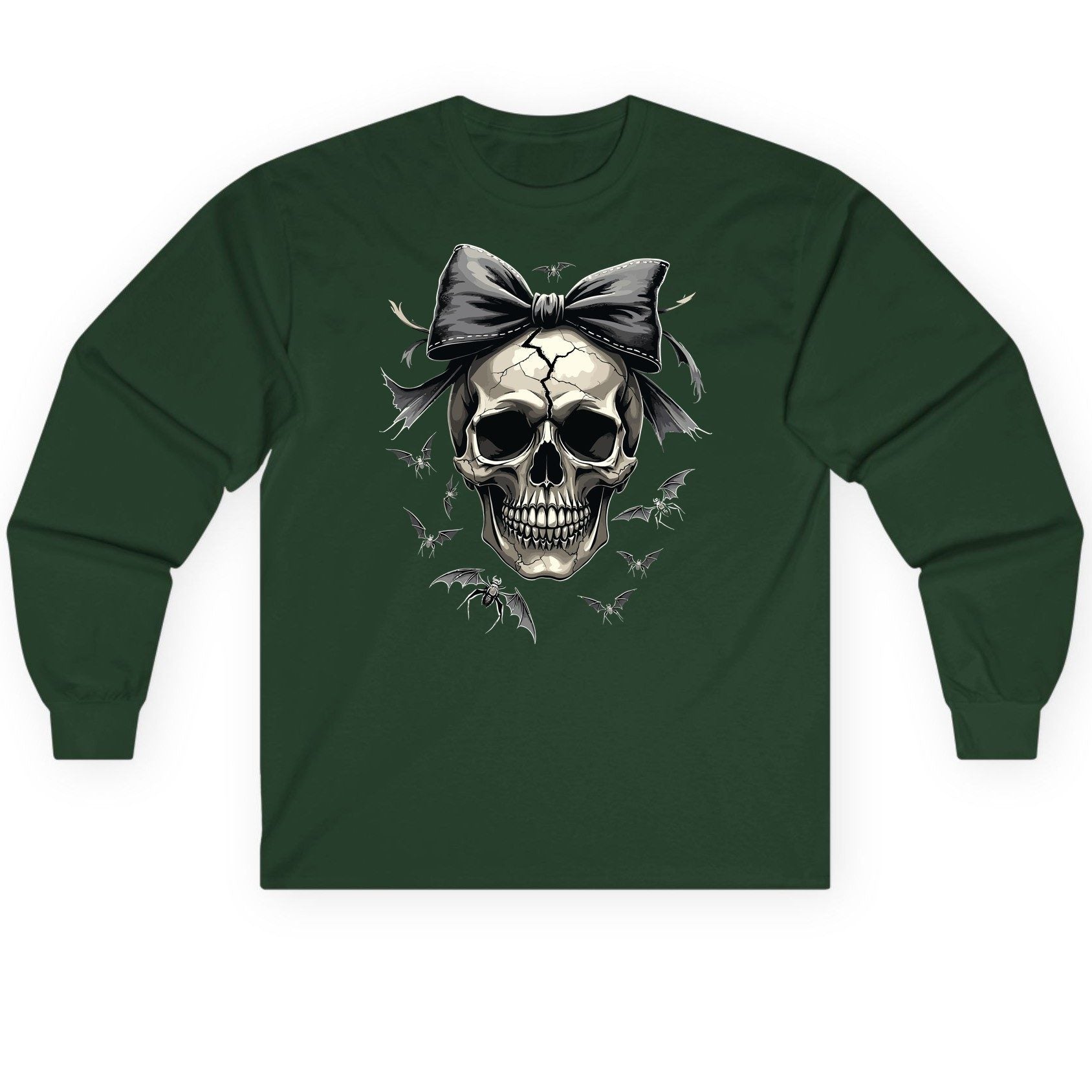Gothic Skull with Bow gothic skull Long Sleeve Tee Forest Green product mockup