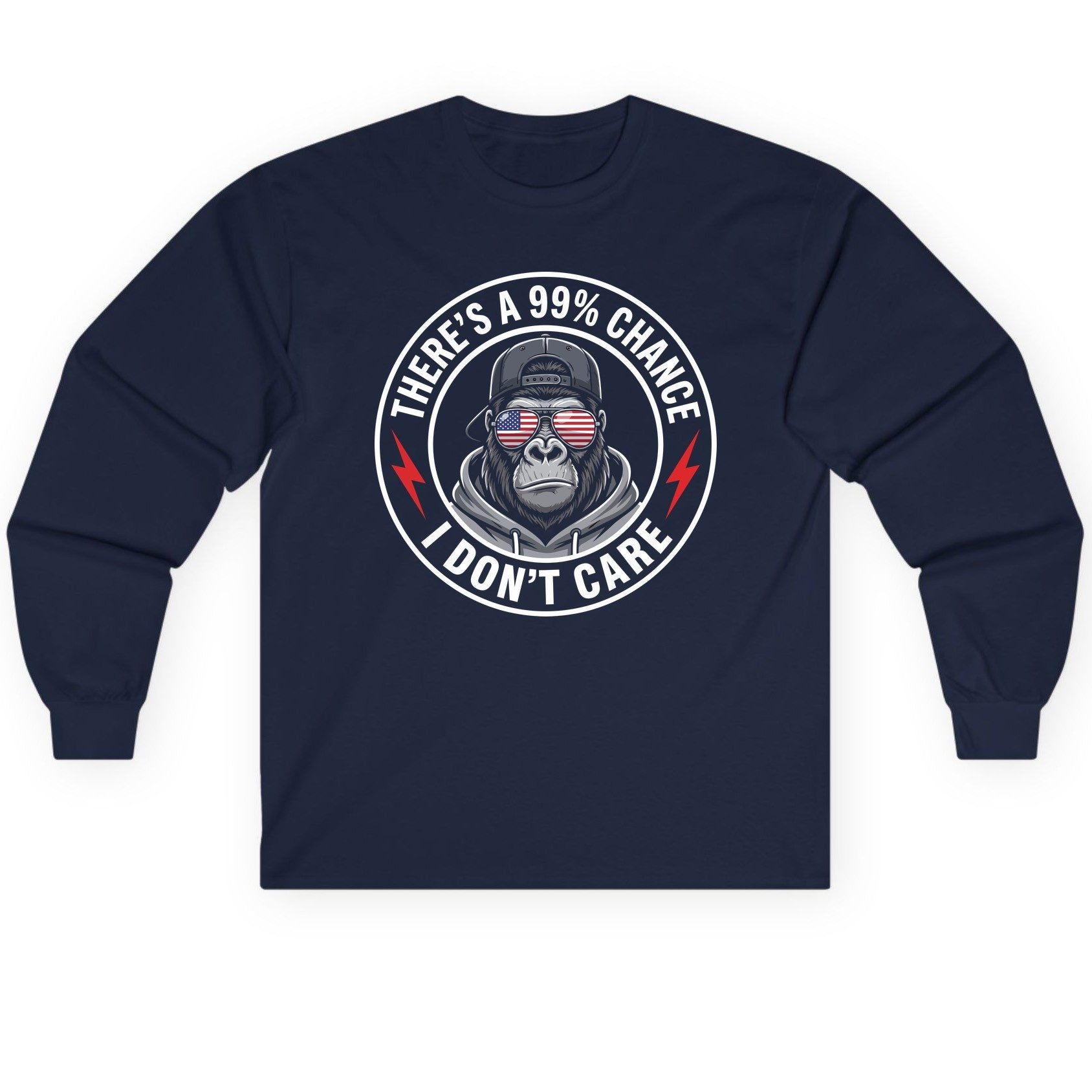There's a 99% Chance I Don't Care sarcastic gorilla Long Sleeve Tee Navy product mockup