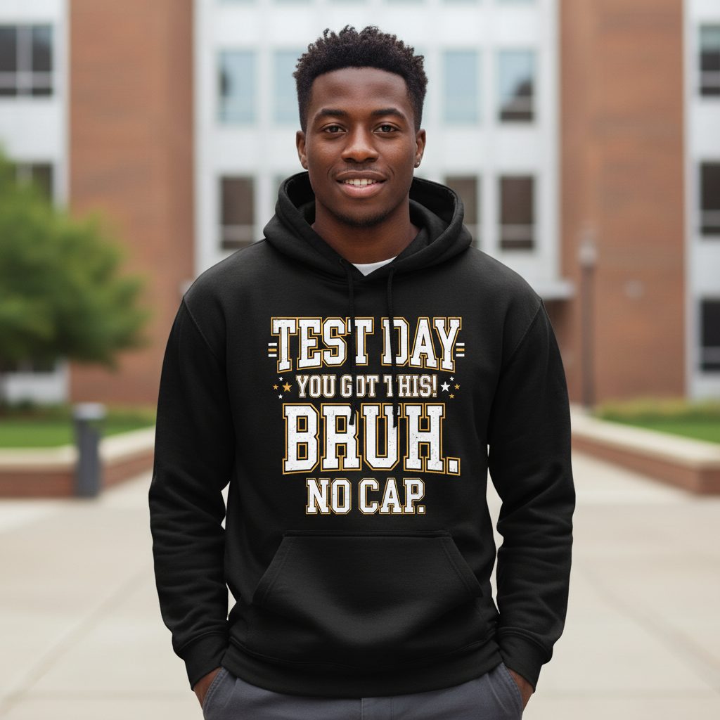 Test Day You Got This Bruh No Cap Funny Student Humor Hoodie - lifestyle model mockup - Black