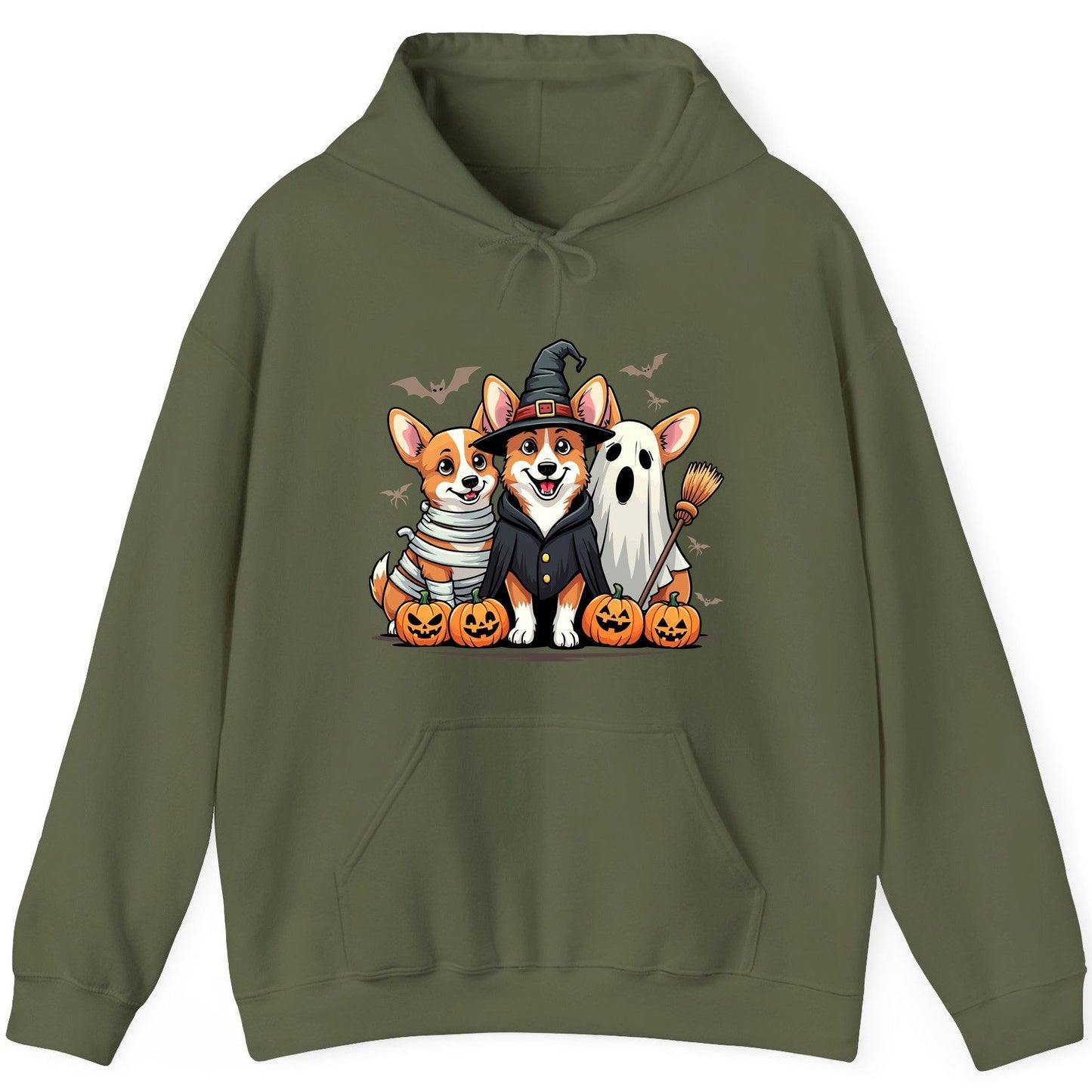 Halloween Corgi Trio Halloween corgis Hoodie Military Green product mockup