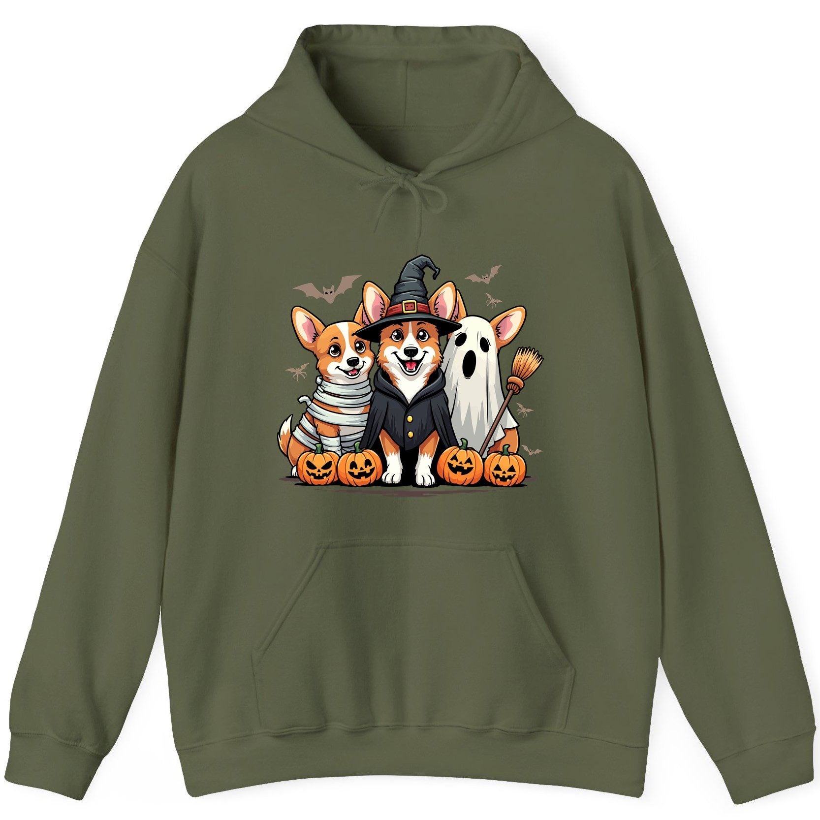 Halloween Corgi Trio Halloween corgis Hoodie Military Green product mockup
