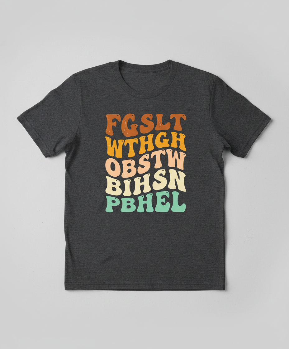 Retro 70s Groovy Wavy Alphabet Design T-Shirt - Dark Heather