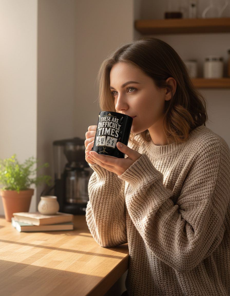 THESE ARE Difficult TIMES Funny Music Humor Black Mug - lifestyle model mockup - Black