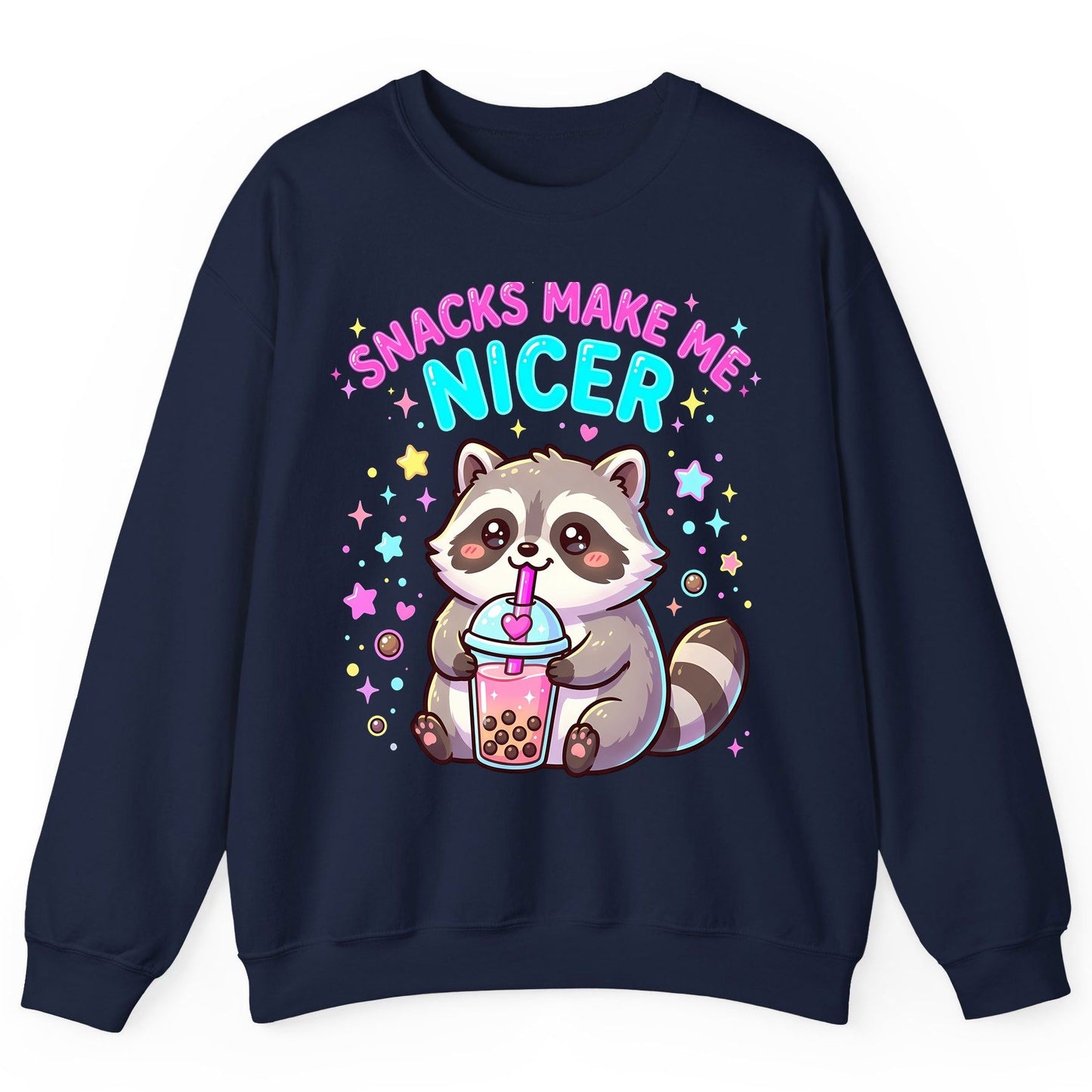 SNACKS MAKE ME NICER Funny Raccoon Sweatshirt - product mockup - Navy
