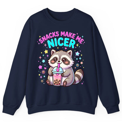 SNACKS MAKE ME NICER Funny Raccoon Sweatshirt - product mockup - Navy