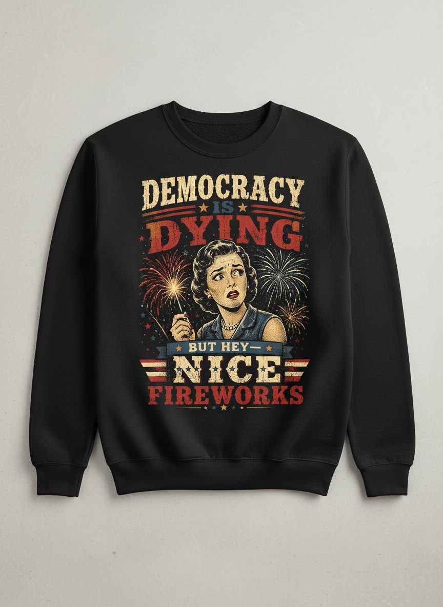 Democracy Is Dying but Hey Nice Fireworks Sweatshirt - product mockup - Black