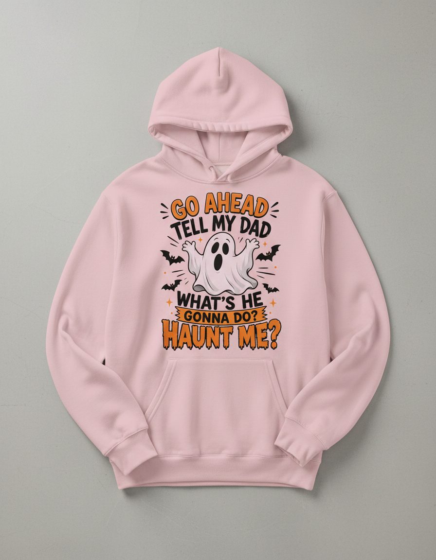 Go Ahead Tell My Dad What's He Gonna Do Haunt Me Hoodie - product mockup - Light Pink