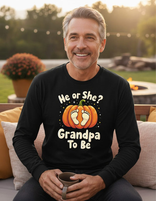 He or She Grandpa to Be gender reveal Long Sleeve Tee Black lifestyle mockup