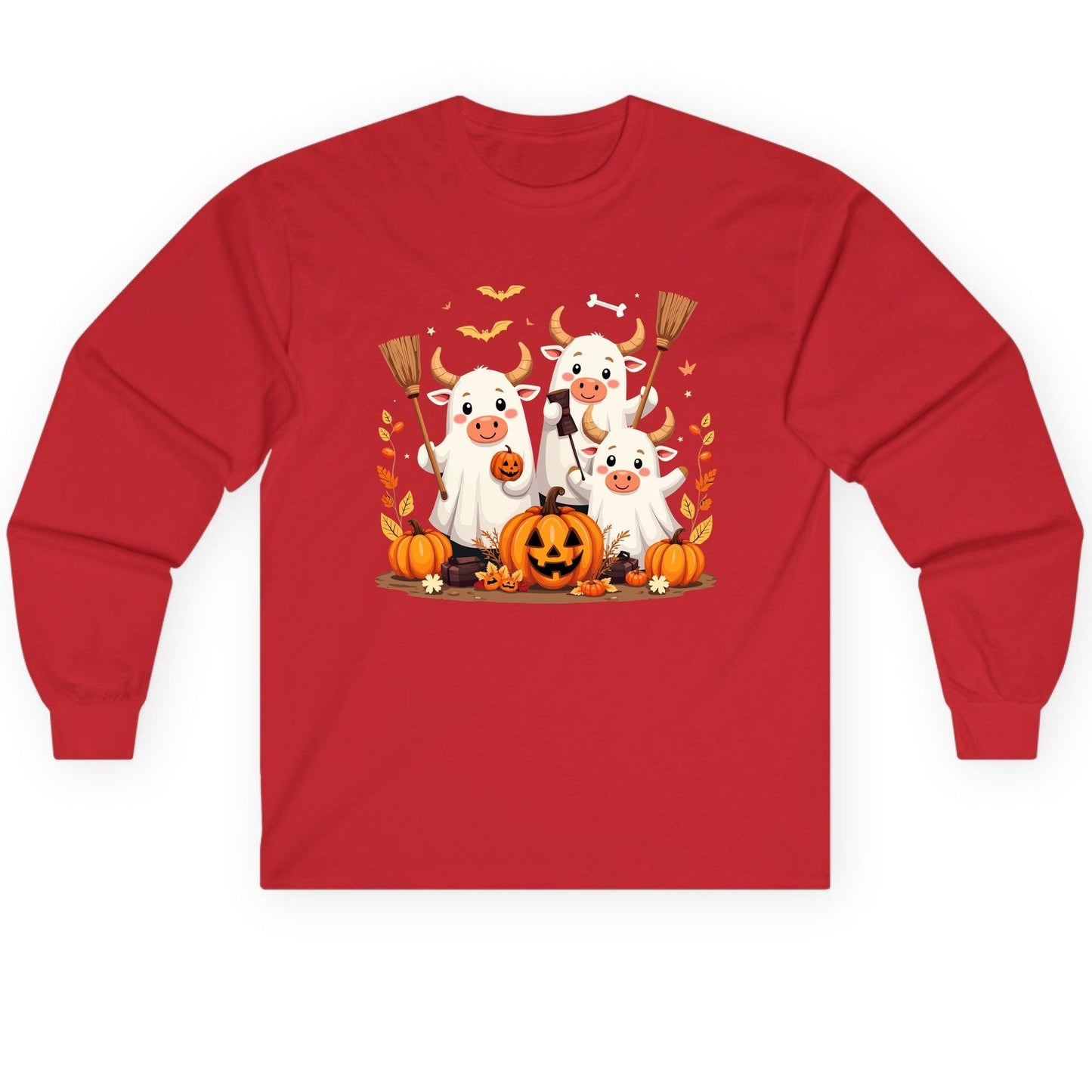 Cute Ghost Cows Halloween cows Long Sleeve Tee Red product mockup