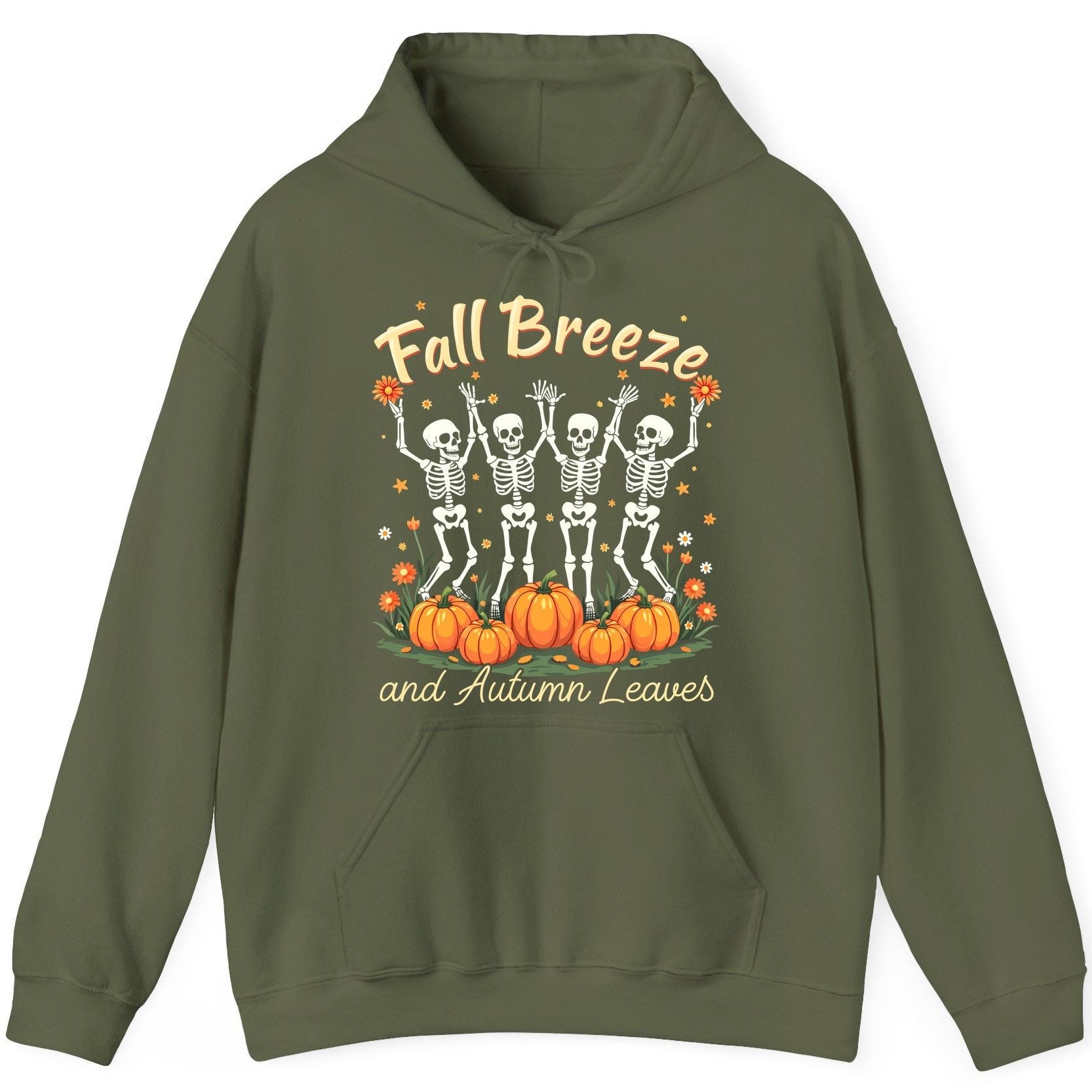 Fall Breeze and Autumn Leaves dancing skeletons Hoodie Military Green product mockup