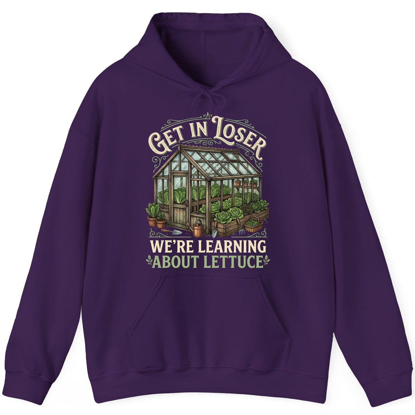 GET IN LOSER WE'RE Learning ABOUT Lettuce Funny Gardening Hoodie - product mockup - Purple