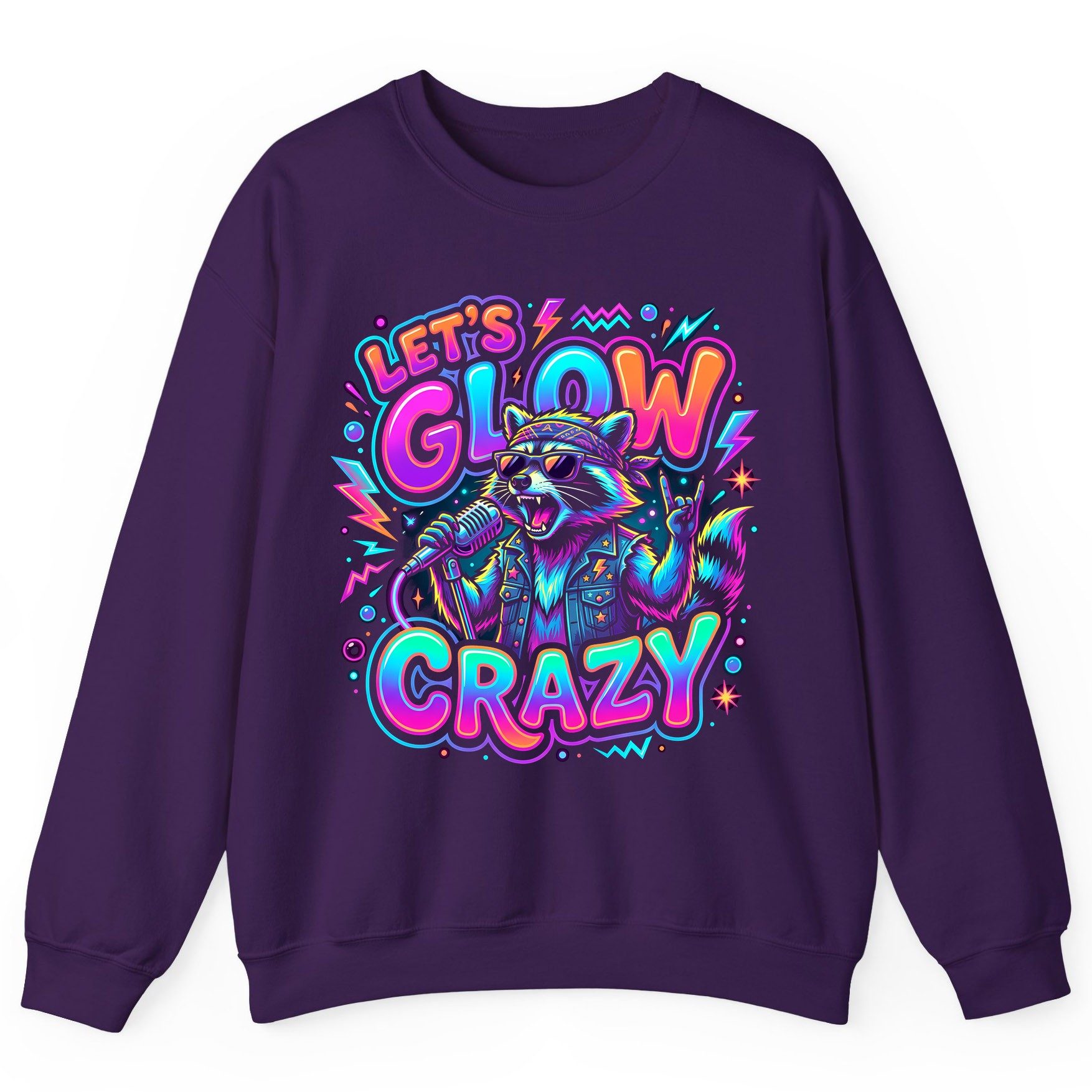 Let's Glow Crazy Funny Rockstar Raccoon Sweatshirt - product mockup - Purple