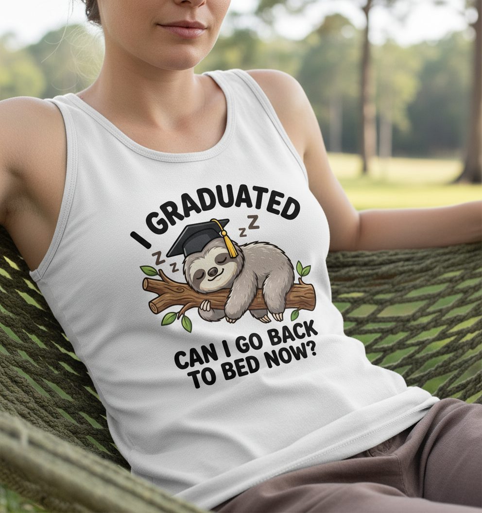 I Graduated Funny Sloth Tank Top - lifestyle model mockup - White