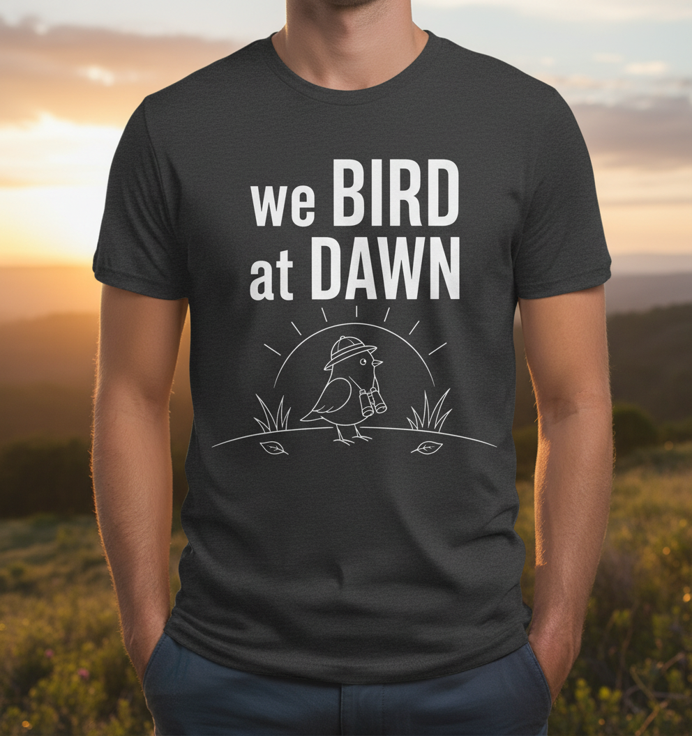 Funny We Bird at Dawn Birdwatching T-Shirt - product mockup - Dark Heather
