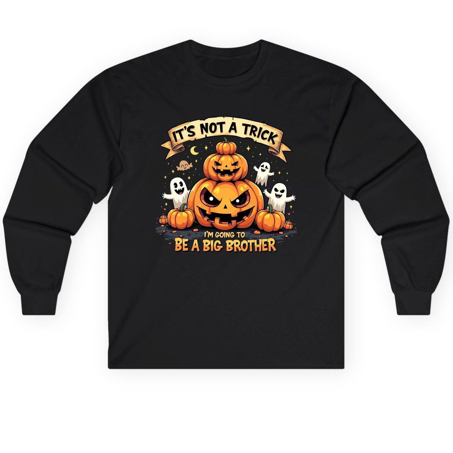 It's Not a Trick I'm Going to Be a Big Brother Halloween pregnancy announcement Long Sleeve Tee Black product mockup