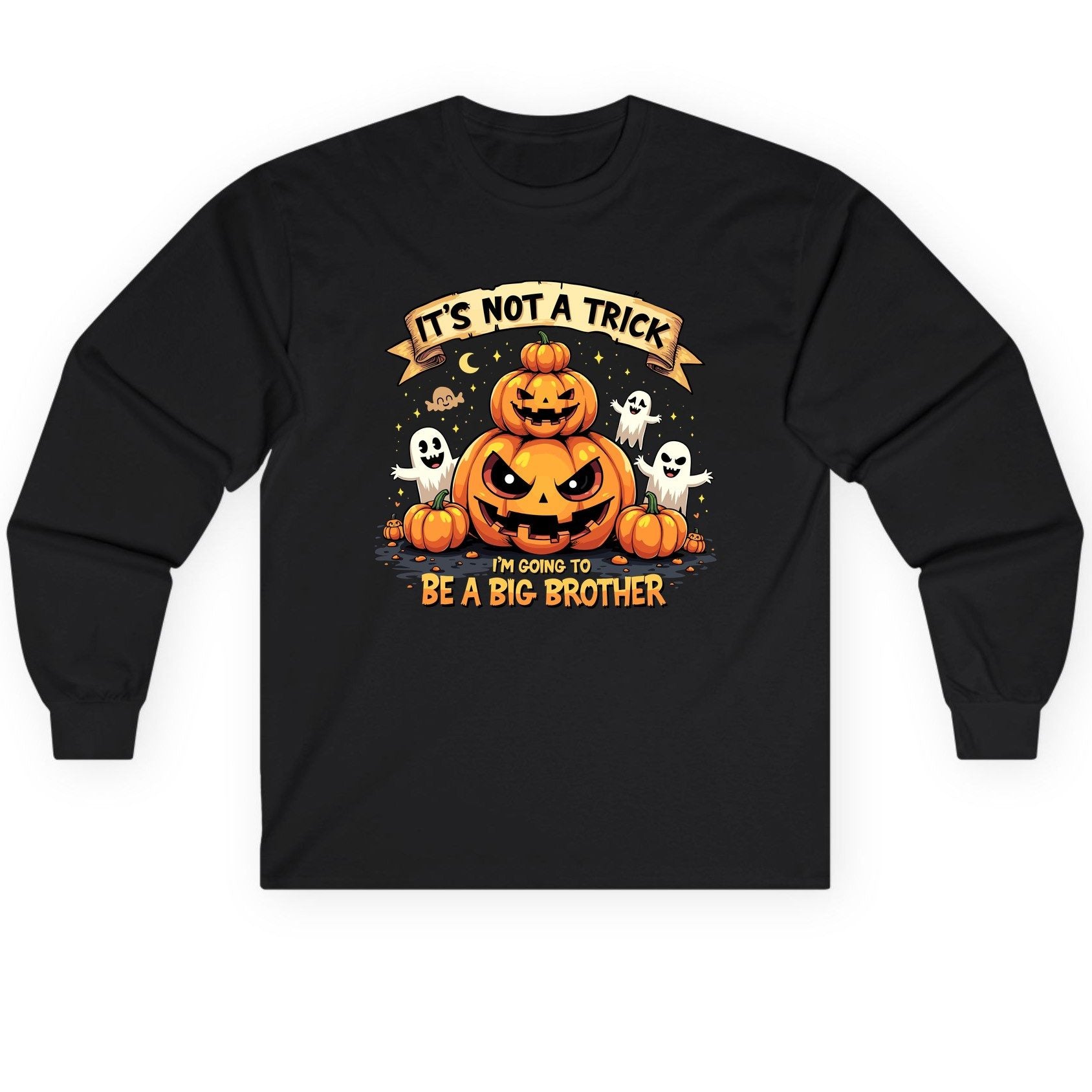 It's Not a Trick I'm Going to Be a Big Brother Halloween pregnancy announcement Long Sleeve Tee Black product mockup