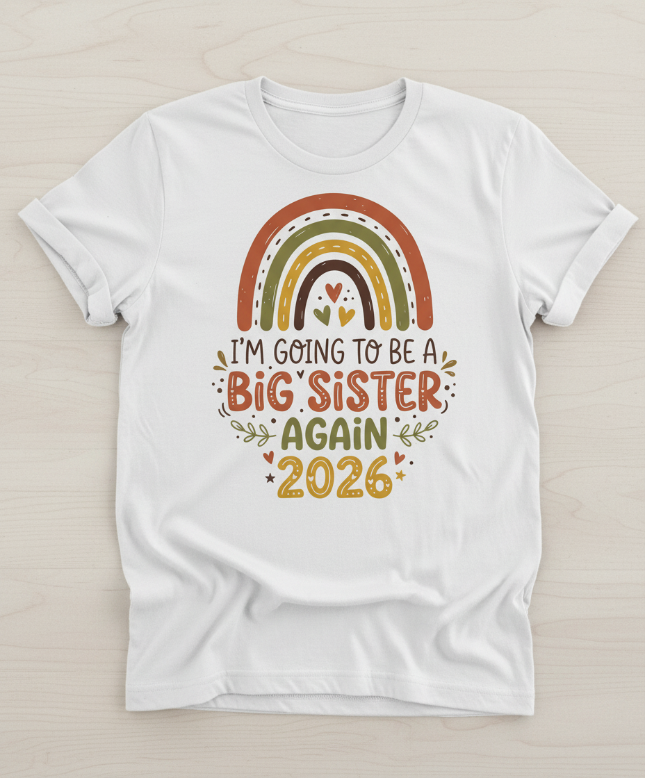 I'm Going to Be a Big Sister Again 2026 Boho Rainbow Announcement T-Shirt - White