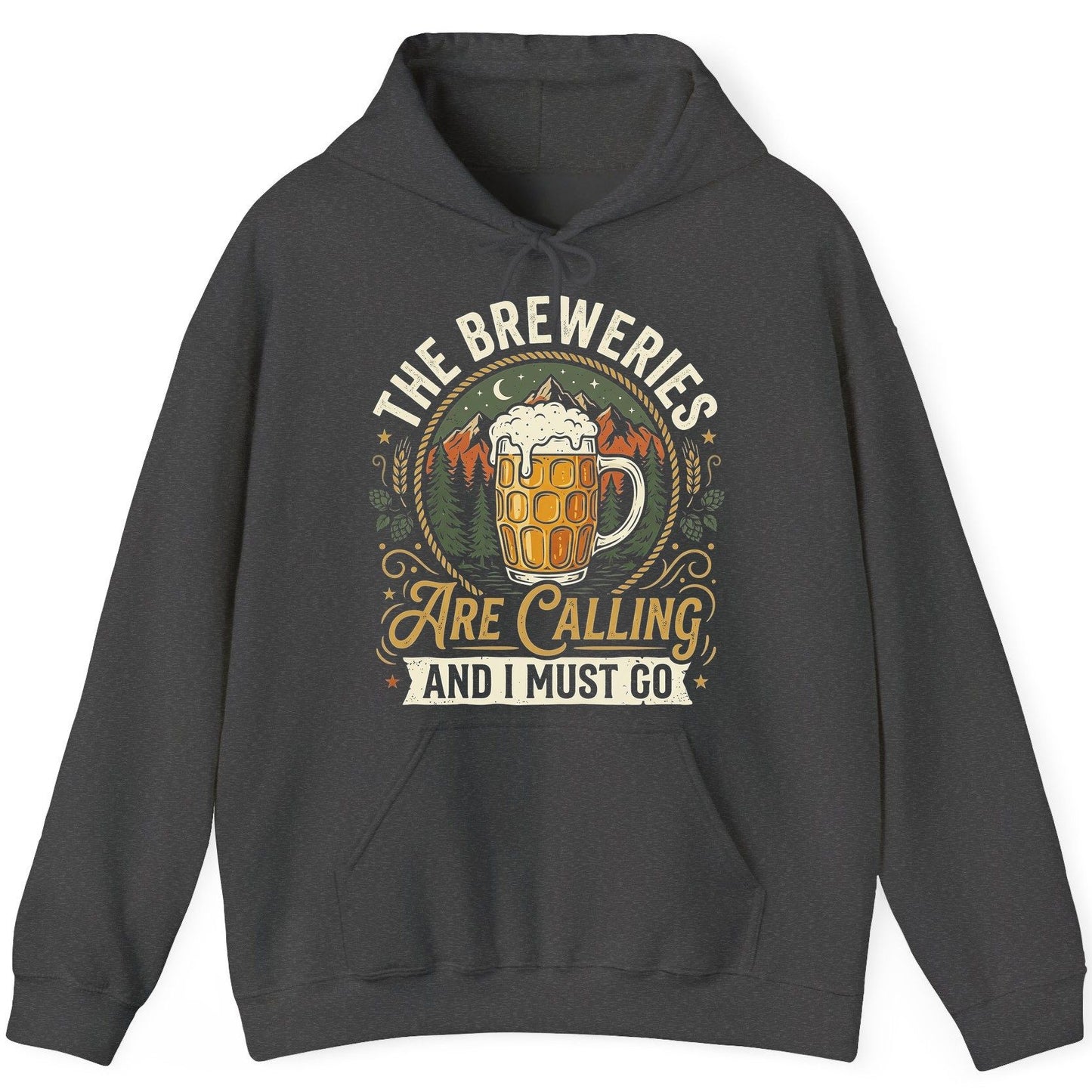 The Breweries Are Calling and I Must Go Funny Craft Beer Hoodie - product mockup - Dark Heather