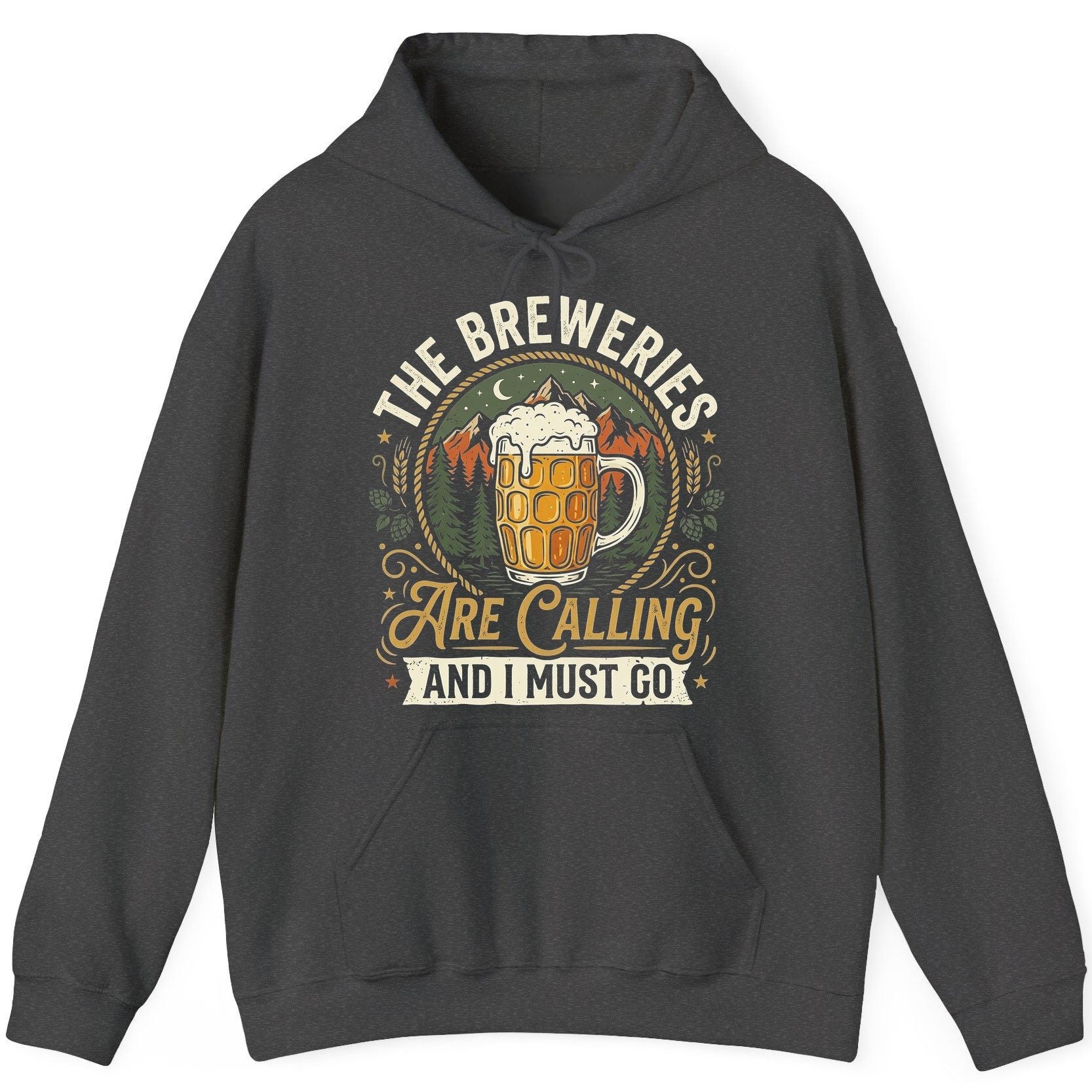 The Breweries Are Calling and I Must Go Funny Craft Beer Hoodie - product mockup - Dark Heather