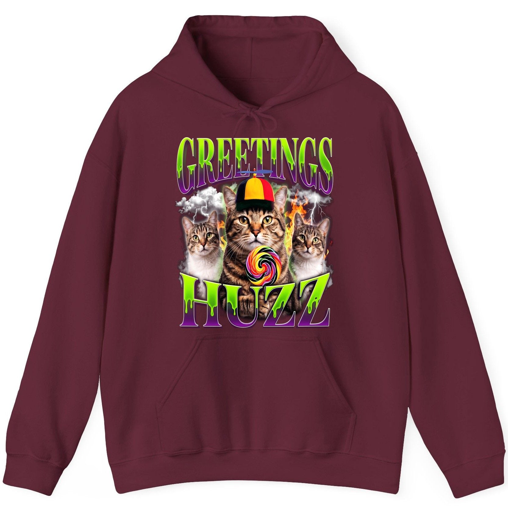Greetings HUZZ Funny Cat Hoodie - product mockup - Maroon