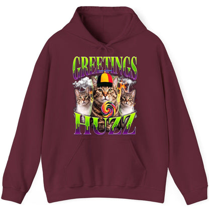 Greetings HUZZ Funny Cat Hoodie - product mockup - Maroon