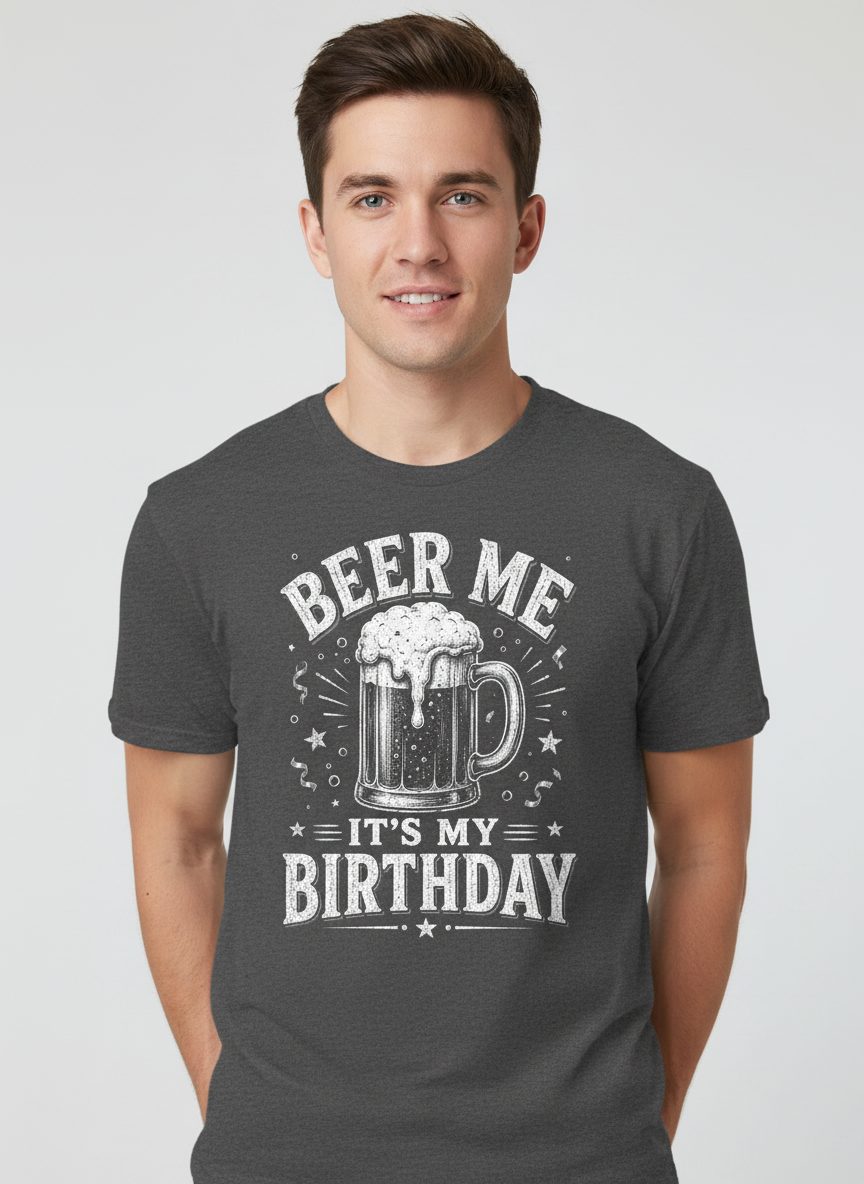 Beer Me It's My Birthday Funny Person T-Shirt - product mockup - Dark Heather