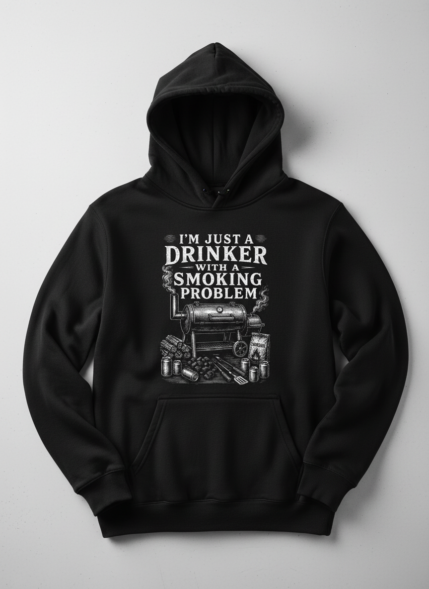 I'M JUST A DRINKER WITH A SMOKING PROBLEM Funny Drinker With A Smoking Problem BBQ Hoodie - product mockup - Black