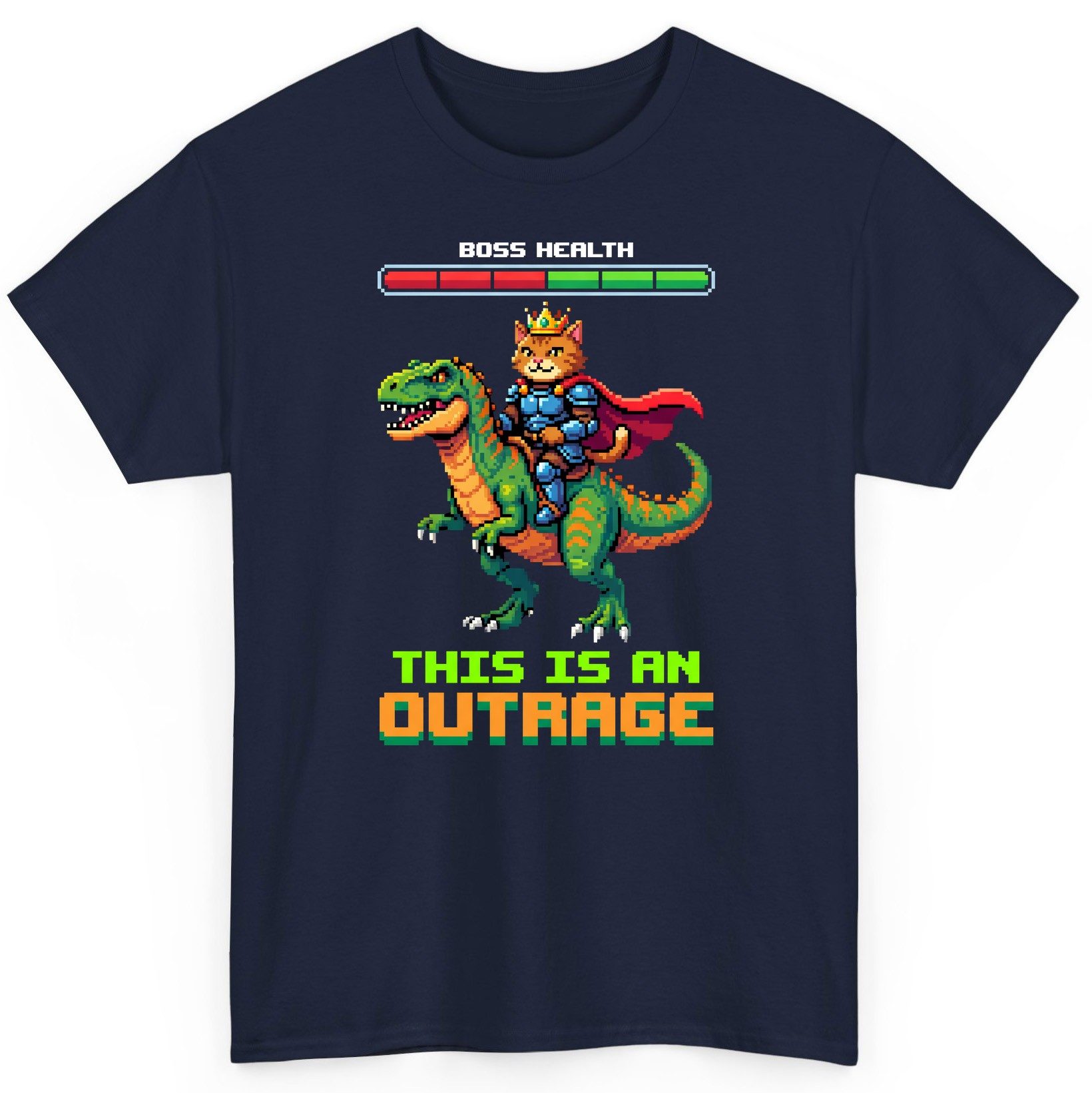 THIS IS AN OUTRAGE Cat riding a dinosaur T-Shirt Navy product mockup