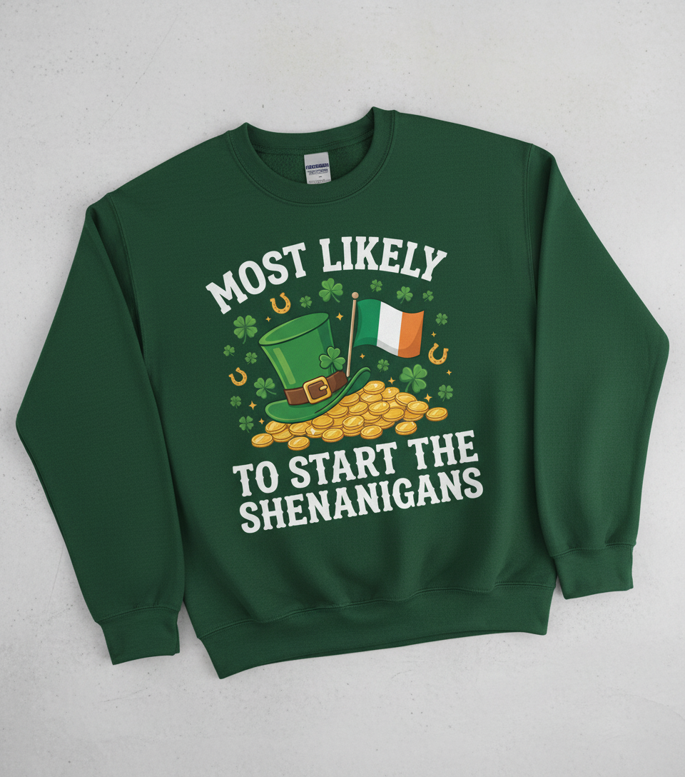 Funny St. Patrick's Day Shenanigans Leprechaun Hat Design Sweatshirt - Forest Green