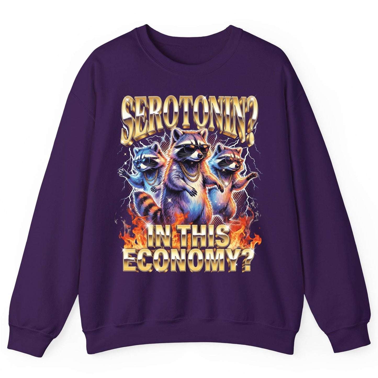 Serotonin in This Economy? raccoon Sweatshirt Purple product mockup
