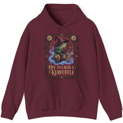 Off to Cause a Kerfuffle frog wizard Hoodie Maroon product mockup