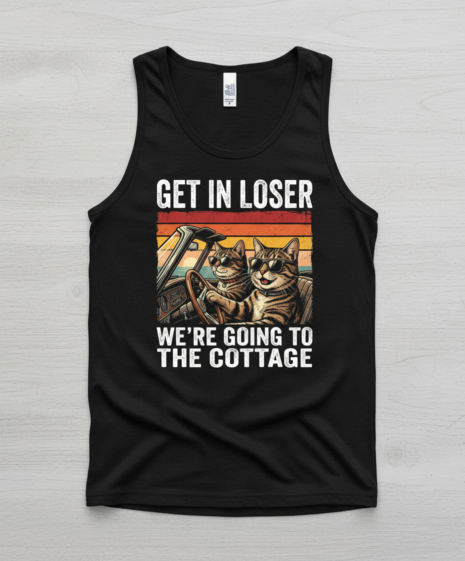 Get In Loser We're Going To The Cottage Funny Cat Meme Tank Top - Black