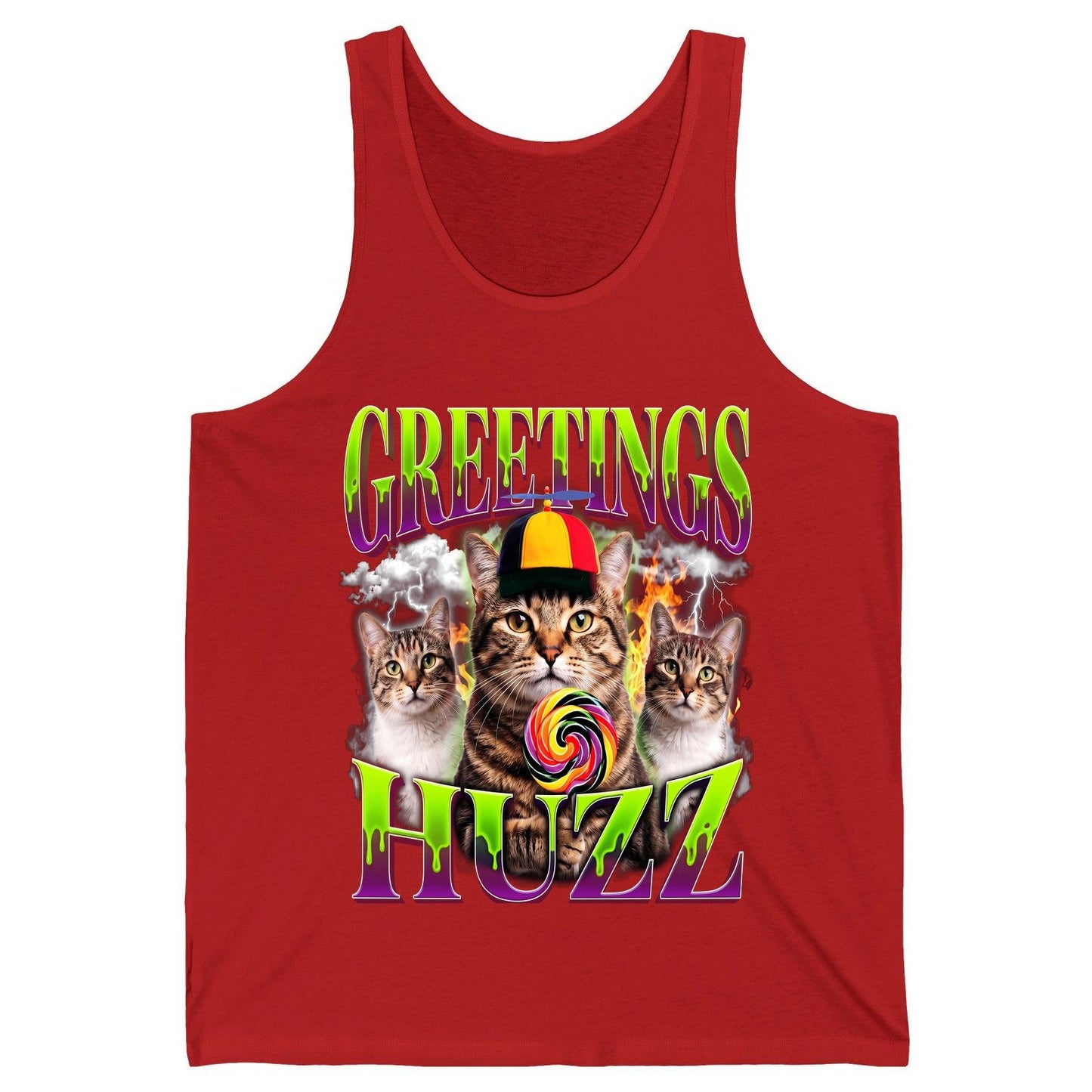 Greetings HUZZ Funny Cat Tank Top - product mockup - Red