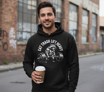 Eat Trash Lift Heavy raccoon Hoodie Black lifestyle mockup