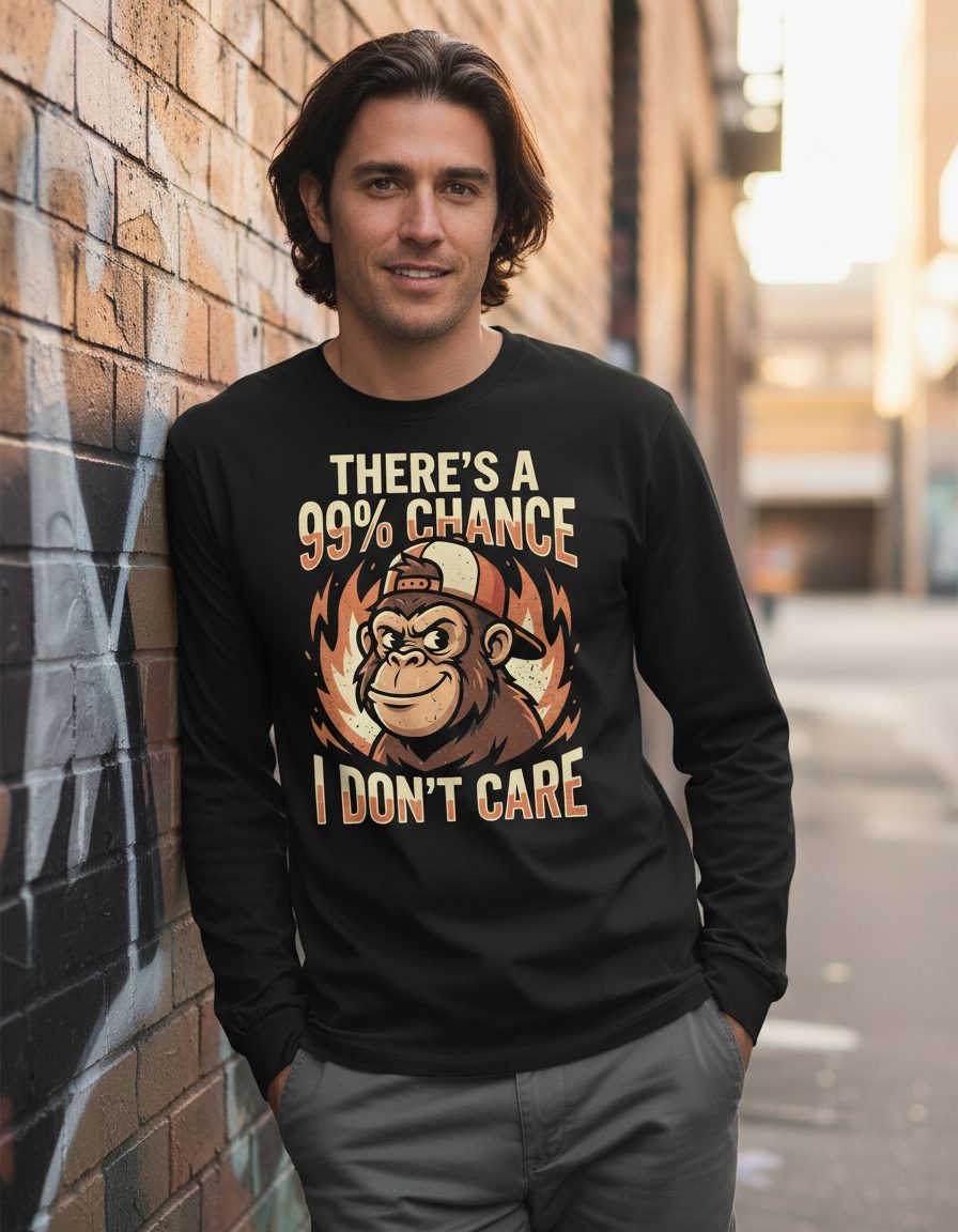 There's a 99% Chance I Don't Care monkey Long Sleeve Tee Black lifestyle mockup