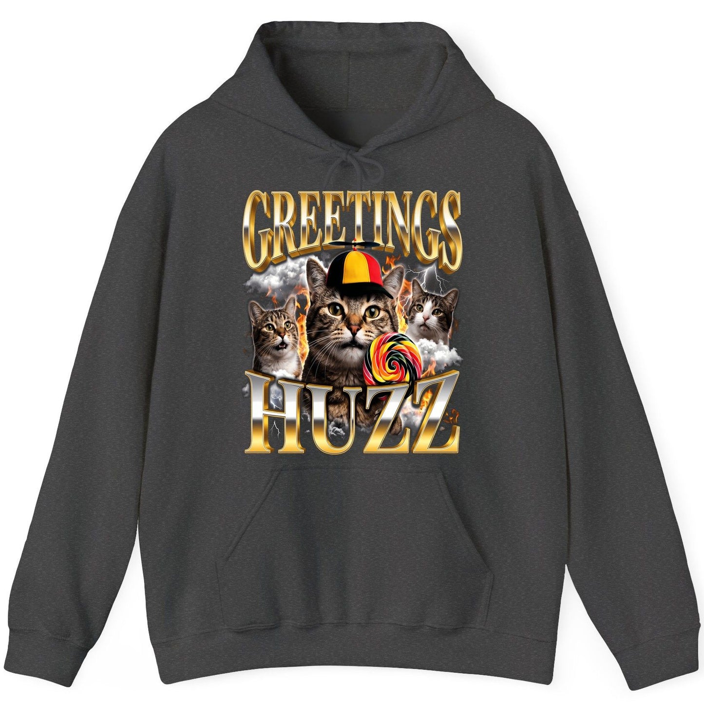 Greetings HUZZ Funny Cats Hoodie - product mockup - Dark Heather