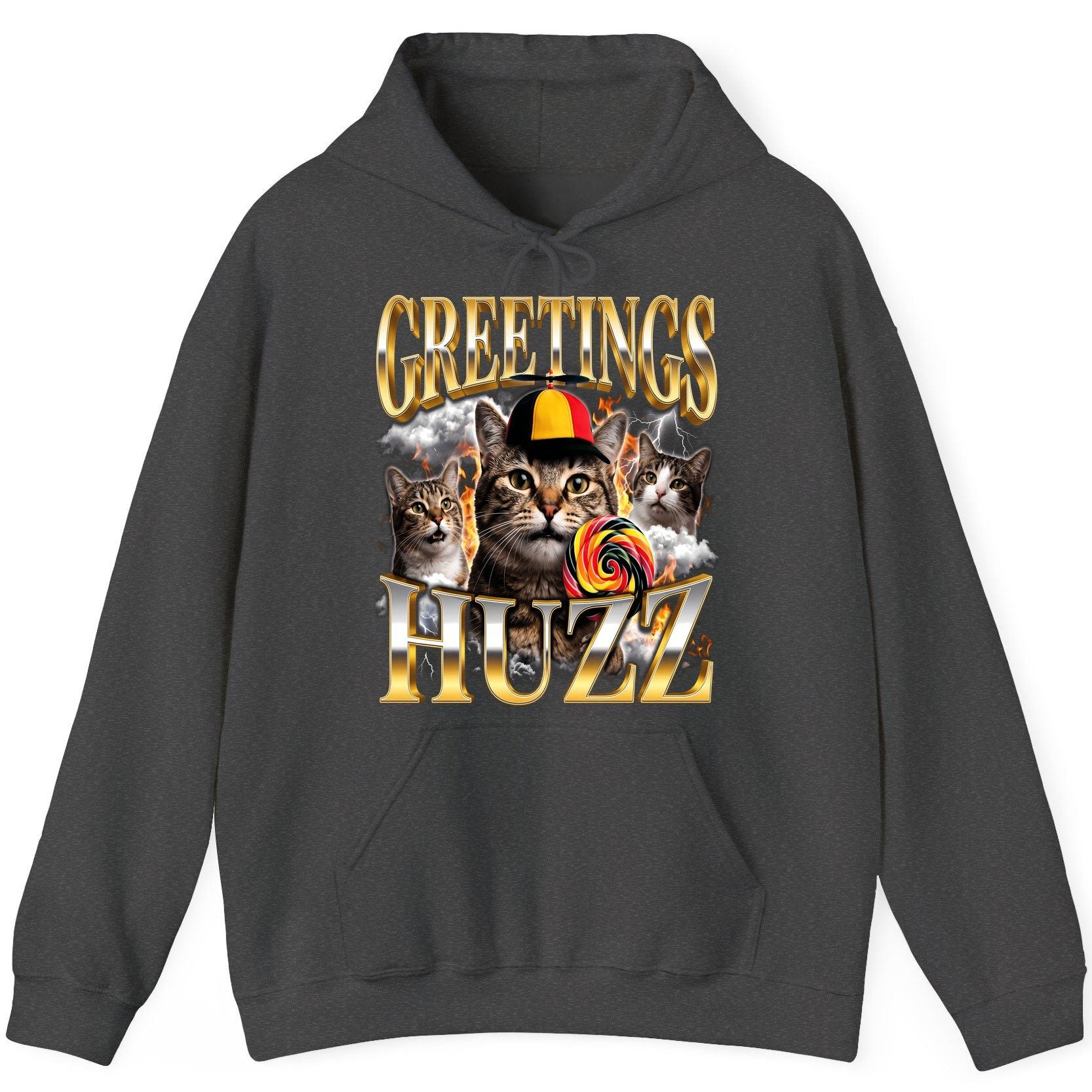 Greetings HUZZ Funny Cats Hoodie - product mockup - Dark Heather