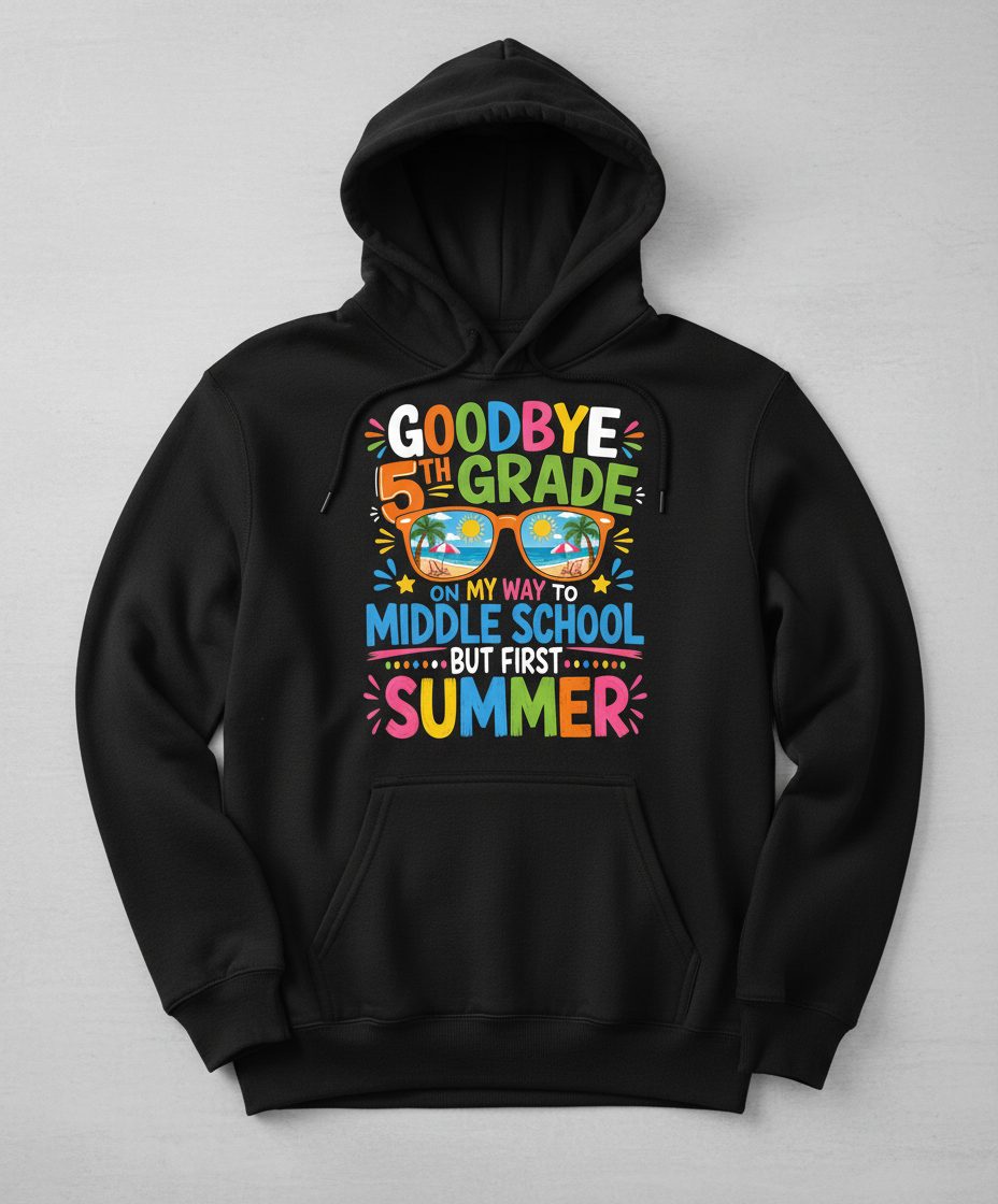 Goodbye 5th Grade on My Way to Middle School but First Summer Hoodie - product mockup - Black
