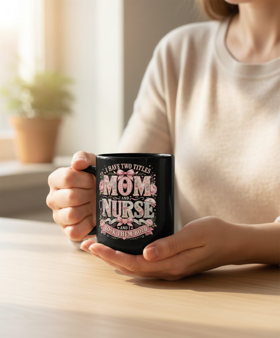 I Have Two Titles Mom and Nurse and I Rock Them Both Black Mug - lifestyle model mockup - Black