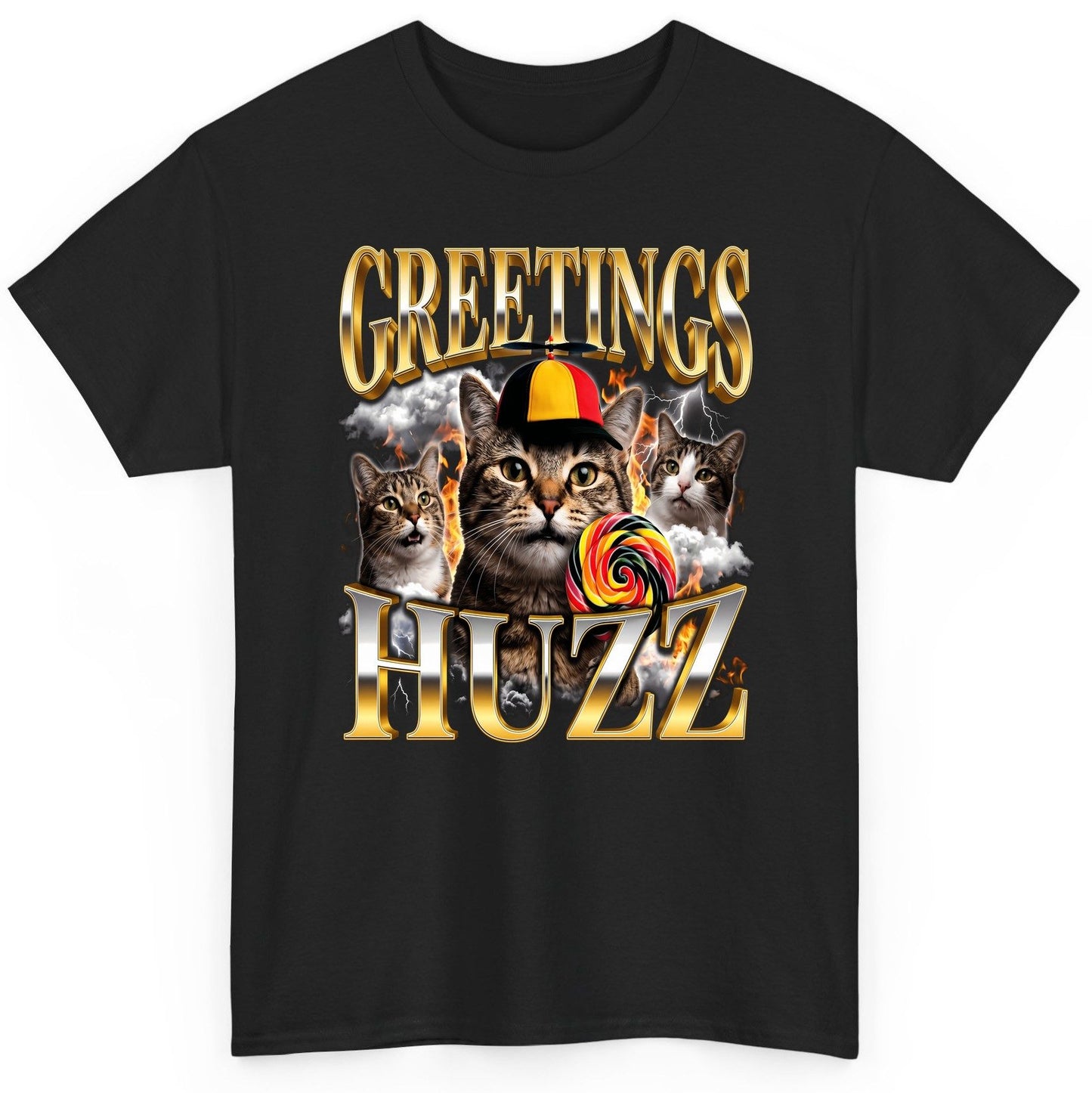 Greetings HUZZ Funny Cats T-Shirt - product mockup - Black