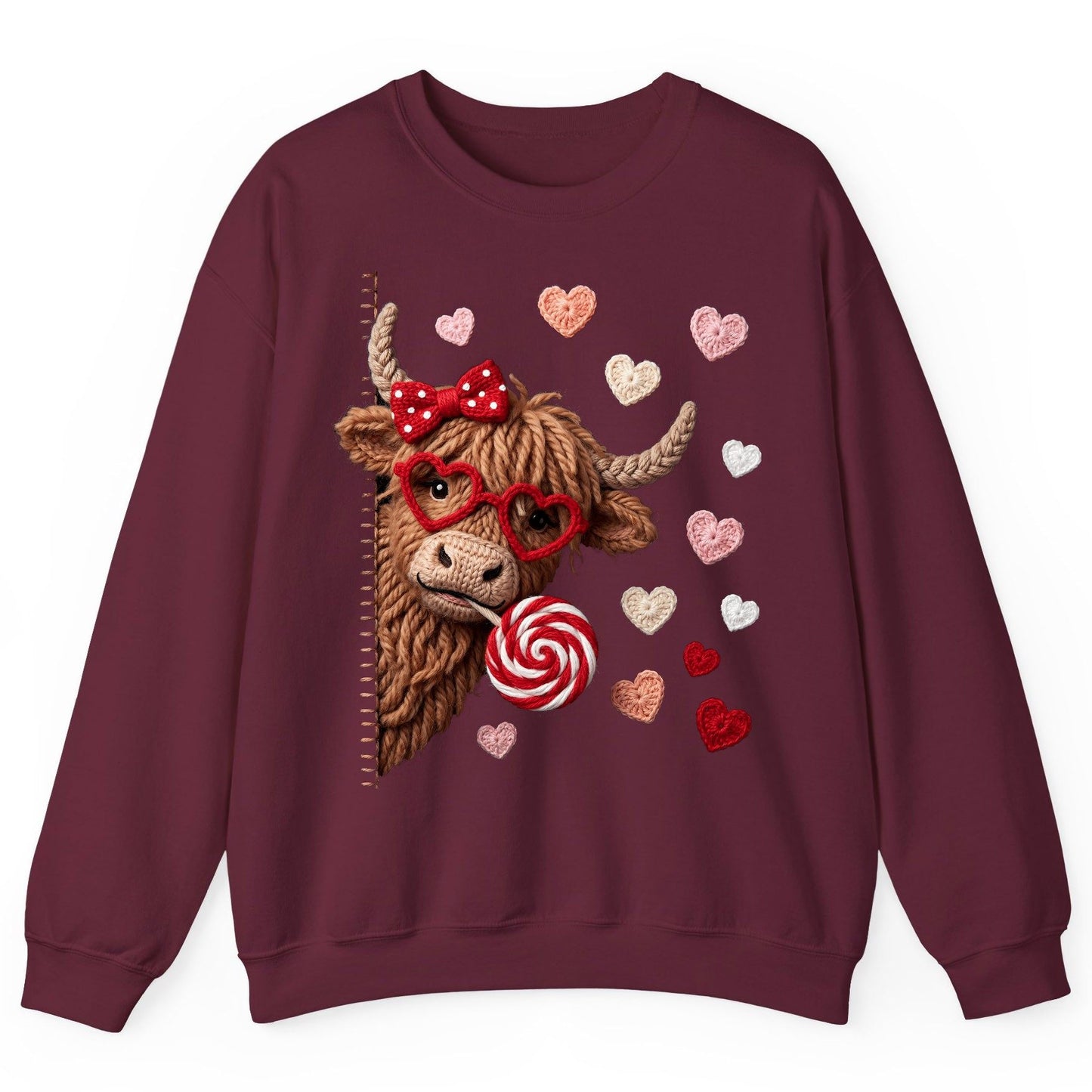 Crochet Valentine's Highland Cow highland cow Sweatshirt Maroon product mockup