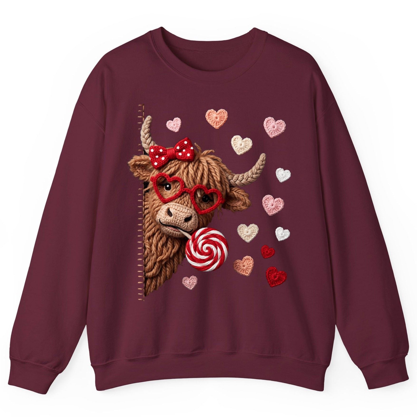 Crochet Valentine's Highland Cow highland cow Sweatshirt Maroon product mockup