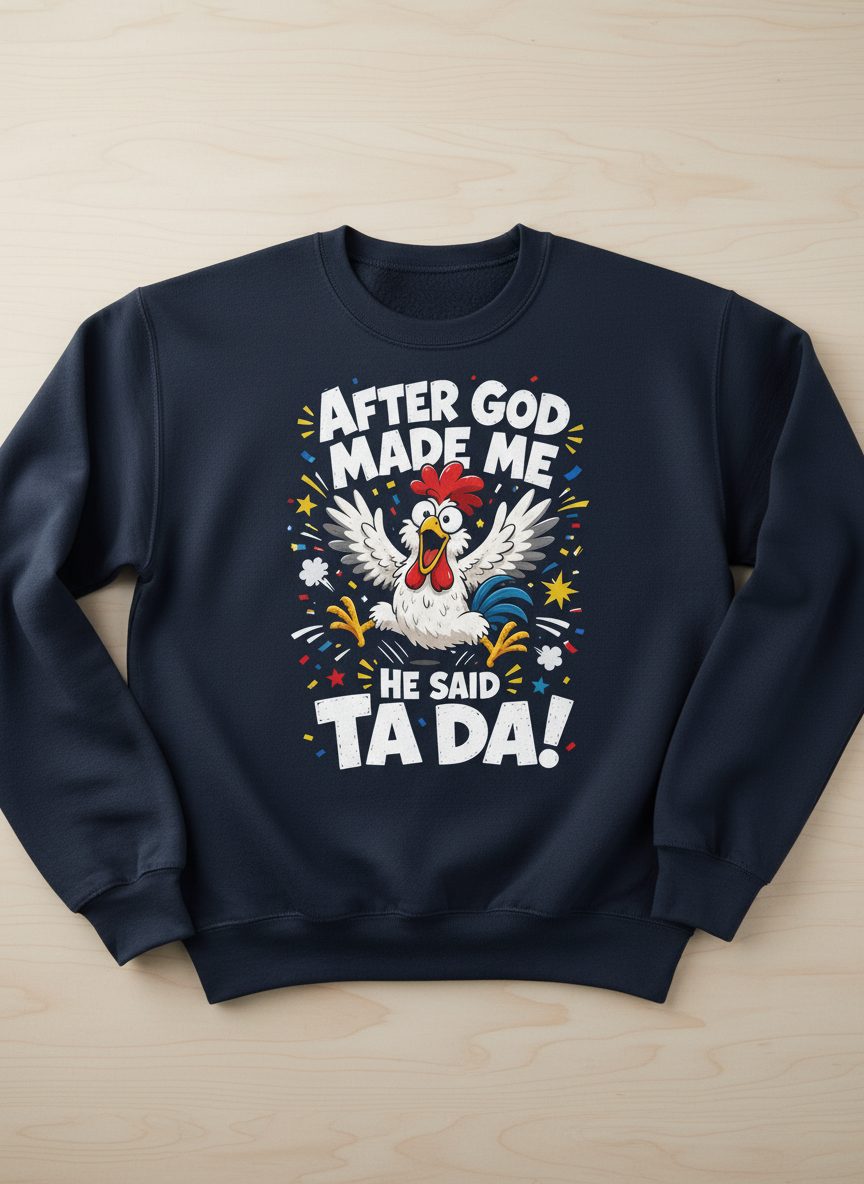After God Made Me He Said Ta Da Funny Rooster Sweatshirt - product mockup - Navy