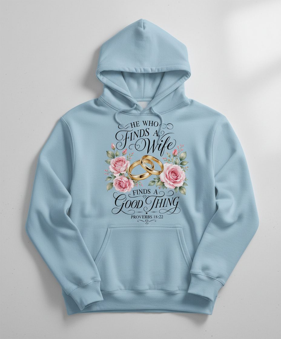 He Who Finds a Wife Finds a Good Thing Proverbs 18 22 Hoodie - product mockup - Light Blue